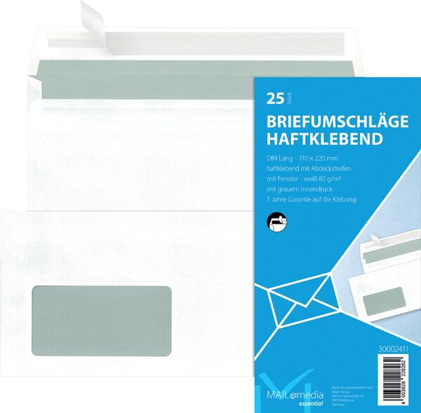 Briefumschlag DIN lang, mit Fenster, haftklebend, weiß, 80g/qm, 25 Stück