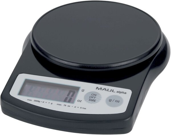 Briefwaage MAULalpha, schwarz, Tragkraft 2000g, Teilung 1g, Wiegefläche Ø 12 cm, 3,6 x 13,7 x 18,8 cm