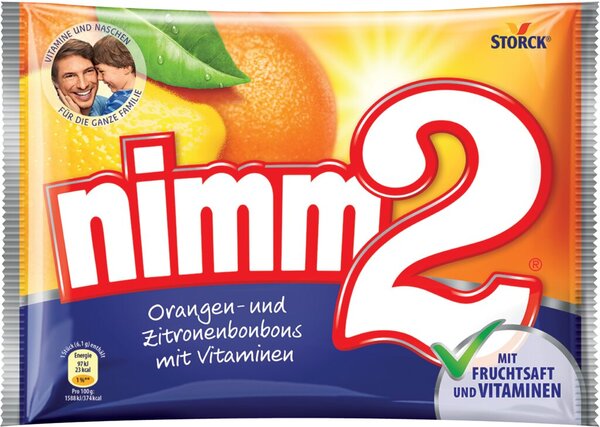 Nimm2 Bonbon, 145 g, mit Orange und Zitrone gefüllte Fruchtbonbons