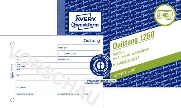 Quittung MwSt. separat ausgewiesen, DIN A6 quer, Recycling-Papier, ohne Durchschlag, gelocht, 100 Blatt