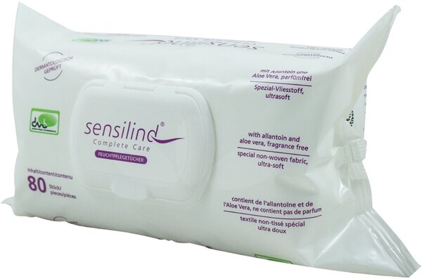Feuchtpflegetücher Sensilind, parfüm- und alko- holfrei, mit Aloe Vera und Allantoin, dermatologisch getestet
