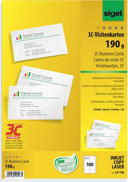 Visitenkarten Multiprint, 190g/qm, weiß für InkJet, Laser, Kopierer, 10 Blatt
