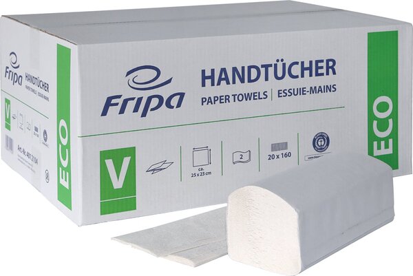 Handtuchpapier ECO, 25 x 23 cm, Falzung V-Falz/ZZ-Falz, 2-lagig, weiß, Recycling, Dekoprägung, 20 Pack à 160 Blatt/Karton