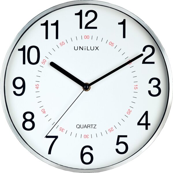 Wanduhr ARIA, silber, Ø 28,5 cm, Quarzlaufwerk, Glaslinse, 3 Zeiger (Stunde, Minute, Sekunde), schwarze Ziffern und Zeiger auf weißem Grund