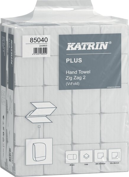 Handtuchpapier Katrin Plus, 23 x 22,4 cm, Falzung V-Falz/ZZ-Falz, 2-lagig, weiß, 20 x 200 Blatt