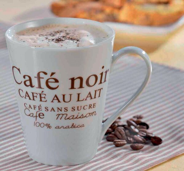 Kaffeebecher FAKT, Porzellan, weiß mit braunem Aufdruck "Café Noir", 6er Set