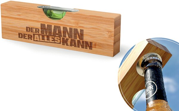 Flaschenöffner aus Bambus und Edelstahl, Motiv Mann Kann
