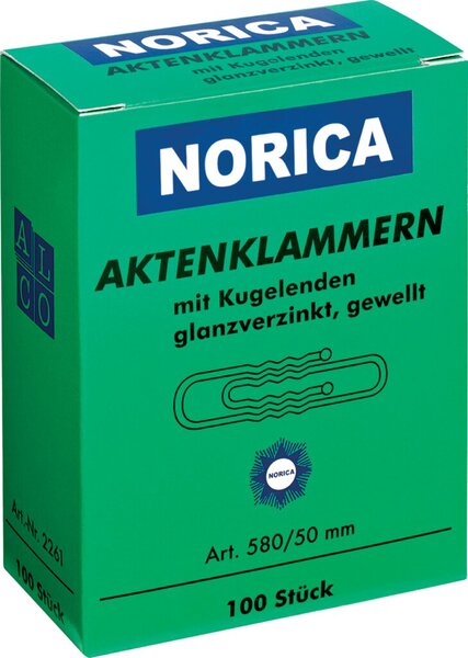 Aktenklammer Norica, 50 mm, gewellt, Kugelenden, verzinkt, 100 Stück