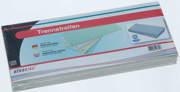 Trennstreifen grau, 10,5 x 24 cm, 190g/qm Karton, gelocht, 100 Stück