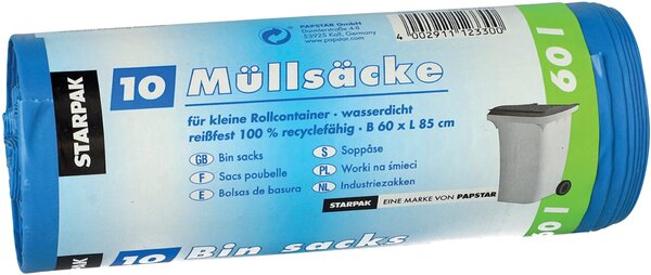 Abfallbeutel, 60 Liter, 43 my, blau, LDPE-Folie (recycled), 600 x 850 mm, 1 Rolle à 10 Beutel