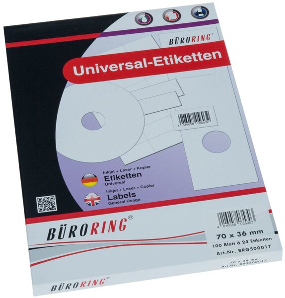 Etiketten, 70 x 36 mm, weiß, 2.400 Etiketten, lösungsmittelfrei, Inkjet-, Laserdrucker, Kopierer, 100 Blatt