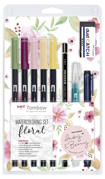 Watercoloring Set, Floral, 5 farbige Brush Pens, 1 Wassertankpinsel, 1 Fineliner, 1 Bleistift + Radierer, 1 Blending Palette