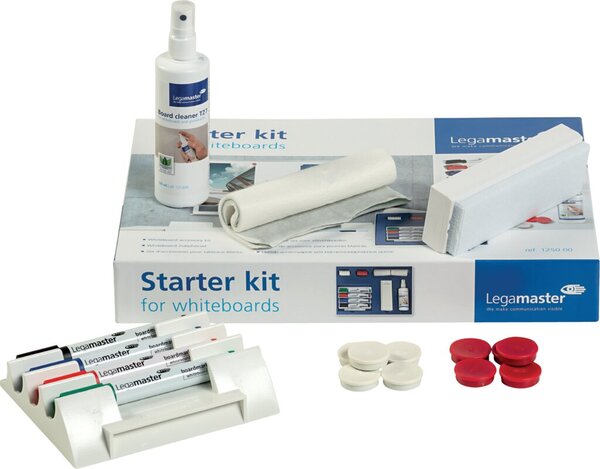 Whiteboard Starter-Set, 4 Boardmarker, 1 Stiftehalter, 1 Tafelwischer, 10 Ersatzblätter für Tafelwischer, 1 Taftelreiniger 125ml, 10 Magnete Ø 30 mm