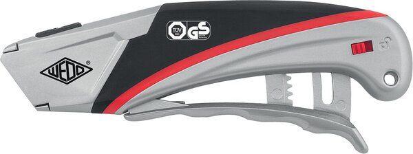 Cutter Safety Alu, Trapezklinge, vollautomatischer Klingenrückzug, Rechtshänder/Linkshänder, Aluminiumgehäuse, gummierte Griffzone, Hebelgriff, silber/schwarz