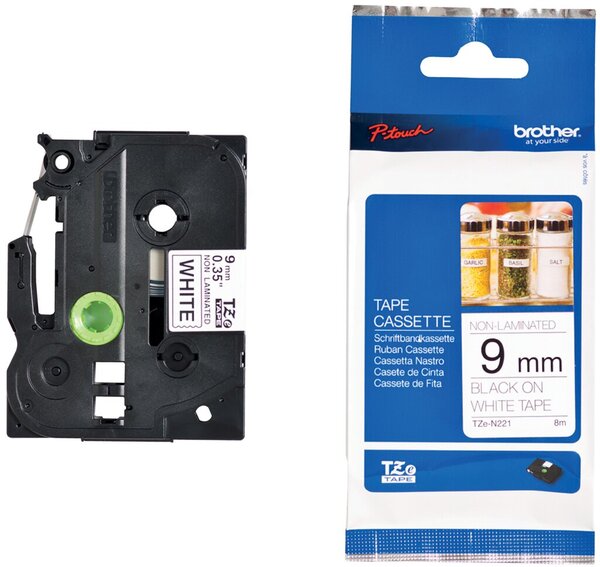 Schriftbandkassette, TZe-N221, 9 mm breit / 8 m lang, schwarz auf weiß, nicht laminiert