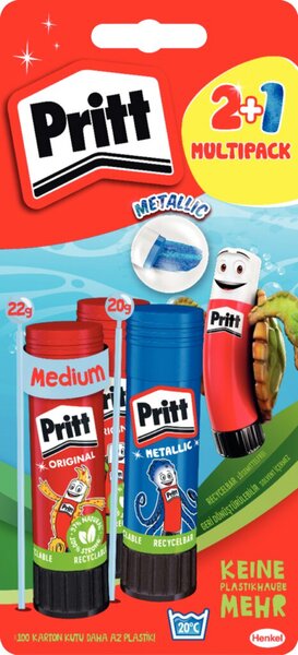 Klebestift Pritt 2 + 1, Sonderedition, 2 x 22 g, 1 x 20 g, lösungsmittlefrei, PVC frei, sortiert, Farbe nicht wählbar