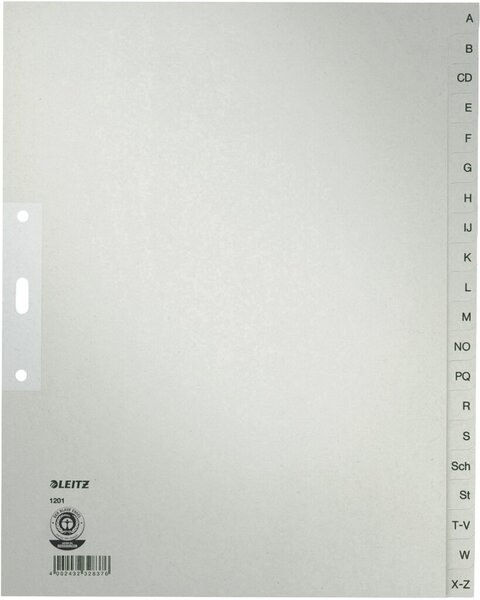 Papierregister, DIN A4 Überbreite, 20-teilig, A-Z, 100g/qm, Tauenpapier, grau, 2-fach Lochung