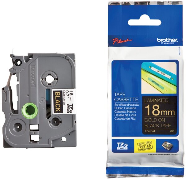 Schriftbandkassette, TZe-344, 18 mm breit / 8 m lang, gold auf schwarz, laminiert