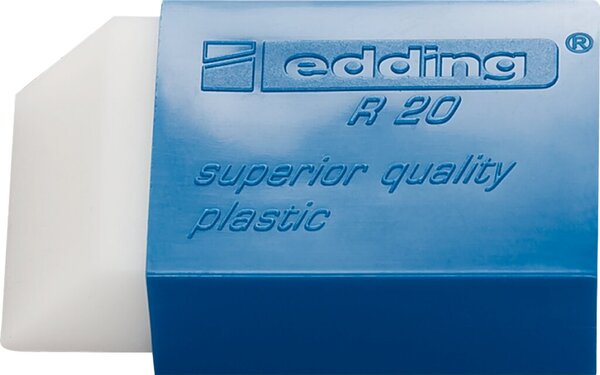 Radierer R20, für Bleistifte auf Papier, Kunststoffradierer, 45 x 24 x 10 mm, Radierer weiß, Kunststoffbanderole blau