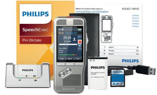 Digitales Diktiergerät Pocket Memo DPM8200/02, 2-Jahres-Lizenz, 3D-Mikrofontechnik, bis 32GB SD/SDHC Speicherkarte, Li-Ion-Akku, Dockingstation, großes, hochauflösendes Farbdisplay, Bewegungssensor, SpeechExec Dictate Workflow-Software