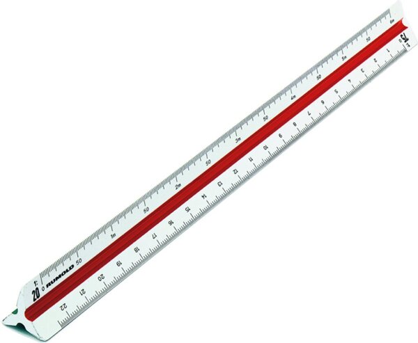 Präzisions-Dreikantmaßstab, Rumold Ingenieur DIN, weißer Kunststoff, drei farbige Hohlkehlen, Präzisionsteilung, mit Rutschbremse
