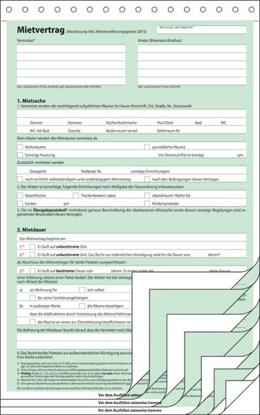 Mietvertrag für Wohnraum, selbstdurchschreibender Formularsatz, für Mieter und Vermieter