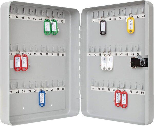 Schlüsselschrank für 60 Schlüssel, 3-stelliges Zahlenschloss, Maße: 288 x 94 x 370 mm, lichtgrau
