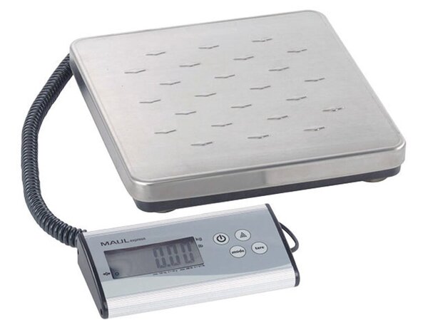 Paketwaage MAULcargo, silber, Tragkraft 120kg, Teilung 50g, Batteriebetrieb/Netzteil, separates Bedienpult, Wiegefläche 27,3 x 27,3 cm