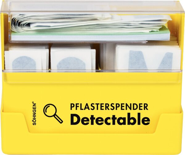 Pflasterspender gelb, Pflaster detectable, gefüllt, aus ABS-Kunststoff; Inhalt: 40 x Strips 2,0 x 7,2 cm, 40 x Strips 2,5 x 7,2 cm, 20 x Fingerkuppenverbände, 20 x Fingergelenkverbände, 10 x Fingerverbände 18 x 2 cm