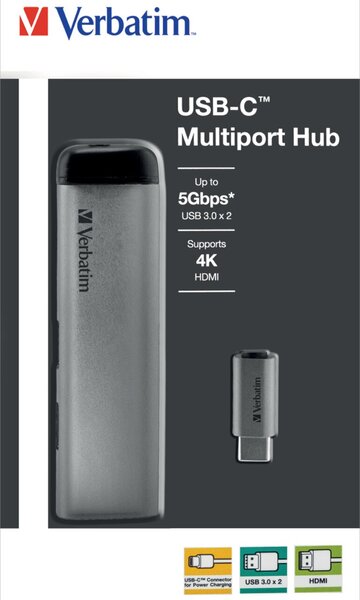 USB-C Multiport Hub, 2x USB Typ-A, USB Typ-C, HDMI, silber/grau, Kabellänge: 15cm