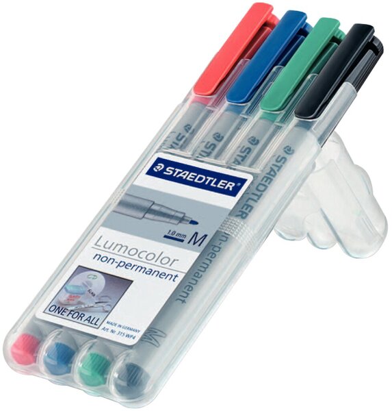 Folienstift Lumocolor®, Strichstärke M - 1 mm, non-permanent/wasserlöslich, nachfüllbar, 4er Aufstelletui, sortiert, schwarz, blau, rot, grün