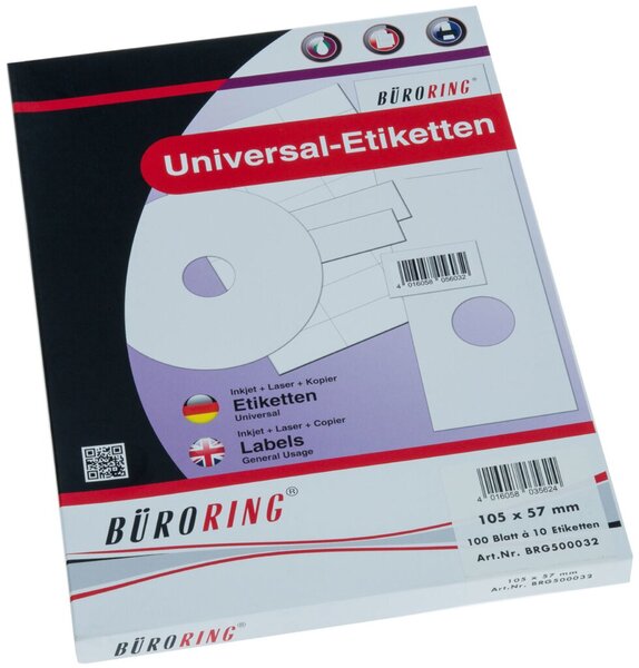Etiketten, 105 x 57 mm, weiß, 1.000 Etiketten, lösungsmittelfrei, Inkjet-, Laserdrucker, Kopierer, 100 Blatt