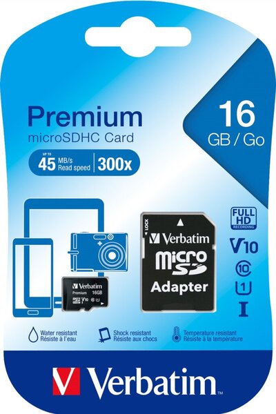 microSDHC Speicherkarte, 16 GB, Premium, Class 10, U1, UHS-I 45MB/s, 300x, Adapter