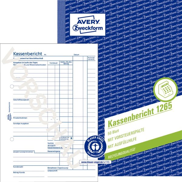 Kassenbericht, DIN A5, Recycling, Mikroperforation, alle Blätter gelocht, 50 Blatt