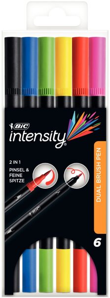 Fasermaler intensity® Dual Brush Pen, Doppelspitze, Filzspitze, Pinselspitze, Strichstärke 0,7 + 0,9 mm, 6 Stück, Kunststoffetui, sortiert