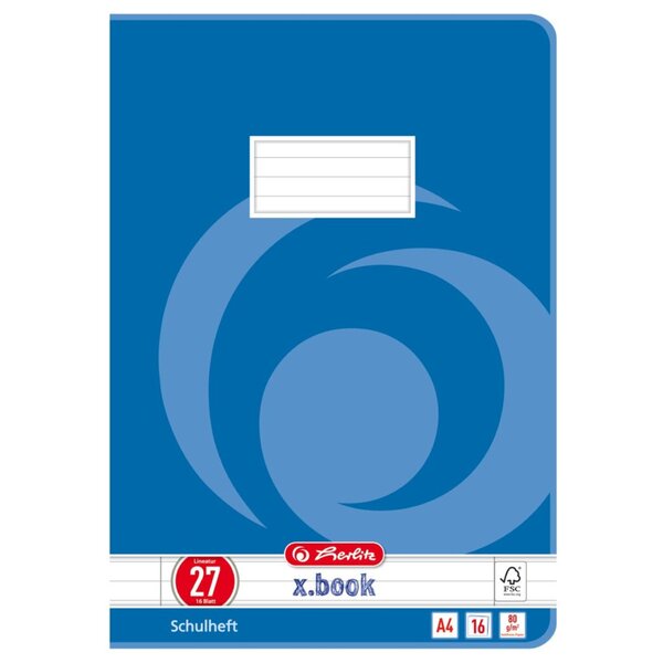 Schulheft, DIN A4, Lineatur 27,16 Blatt, 80g/qm, liniert mit 2 Rändern, Motiv Wirbel blau