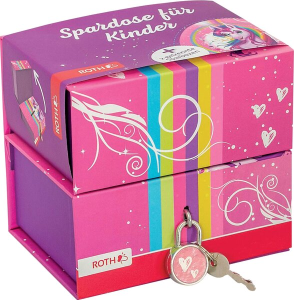 Spardose, Pappe, 2 getrennte Boxen, Einhornportrait, pink