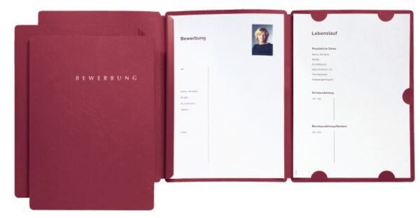 Bewerbungsmappe "Select", mit Klemmschiene, Schriftzug "Bewerbung" in silbernen Lettern auf dem Vorderdeckel, rot