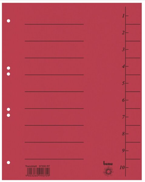 Trennblätter, DIN A4, Recycling-Karton 250g/qm, Universallochung, liniert, 100 Stück, rot