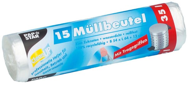 Abfallbeutel mit Tragegriffen, 35 Liter, 12 my, transparent, HDPE-Folie, 540 x 640 mm, 1 Rolle à 15 Beutel