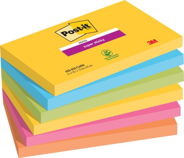 Haftnotiz Super Sticky Notes, 127 x 76 mm, Carnival Collection ultragelb, limonengrün, powerpink, paradiseblau, vitalorange, 90 Blatt/Block, 6 Blöcke