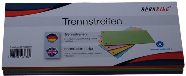 Trennstreifen sortiert, 10,5 x 24 cm, 190g/qm Karton, gelocht, 100 Stück, farblich sortiert 5 x 20 cm in den Farben orange, gelb, grün, blau und rosa
