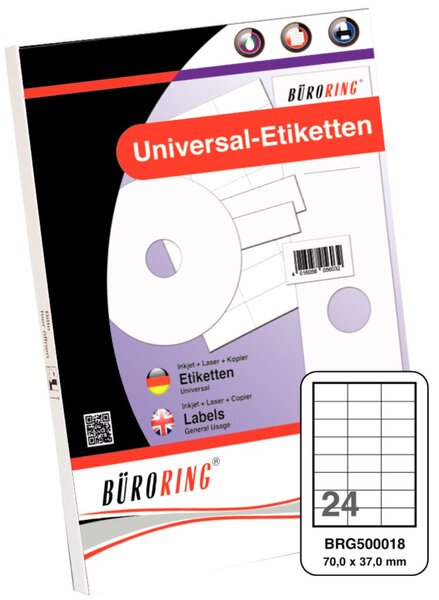 Etiketten, 70 x 37 mm, weiß, 2.400 Etiketten, lösungsmittelfrei, Inkjet-, Laserdrucker, Kopierer, 100 Blatt