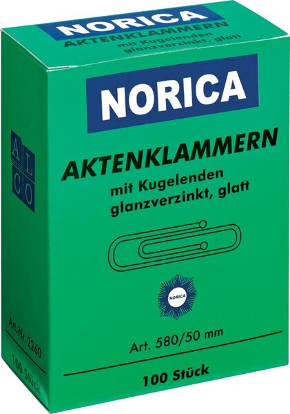 Aktenklammer Norica, 50 mm, glatt, Kugelenden, verzinkt, 100 Stück