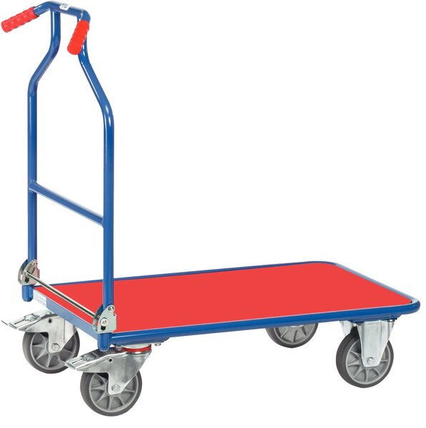 Plattformwagen, Tragkaft 400kg, Ladehöhe 230 mm, Gesamthöhe geklappt 355 mm, Räder aus Vollgummi, feststellbare Lenkrollen, blau/rot