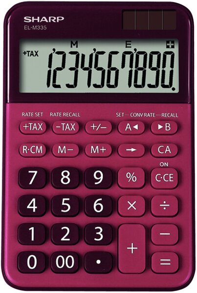 Tischrechner SH-ELM335BRD, 10-stelliges Display, 3-Tasten Speicher, Währungsumrechnung, Steuerberechnung (TAX+/-), 00 Taste, automatische Punktierung, Prozentrechnung, Vorzeichenwechsel, Korrekturtaste, Solar und Batterie, autom. Ausschaltung, rot