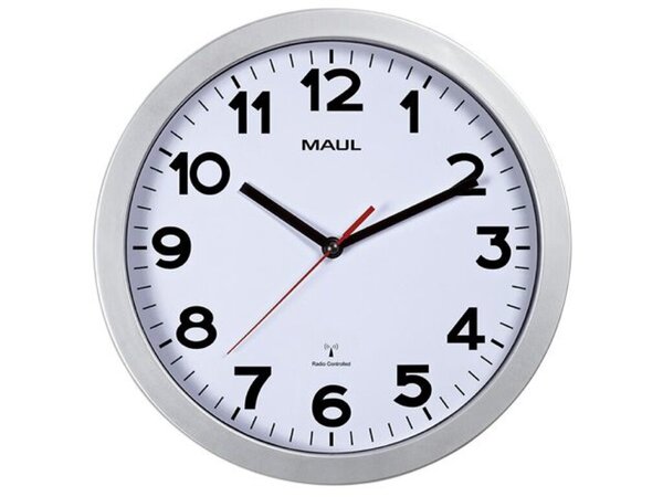 Wanduhr MAULstep, silber, Ø 30 cm, Quarzlaufwerk, 3 Zeiger (schwarz: Stunde, Minute, rot: Sekunde), schwarze Ziffern auf weißem Grund