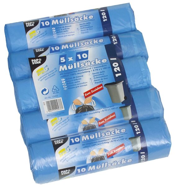 Abfallsäcke mit Zugband, 120 Liter, 24 my, HDPE-Folie, 700 x 1000 mm, 5 Rollen à 50 Säcke