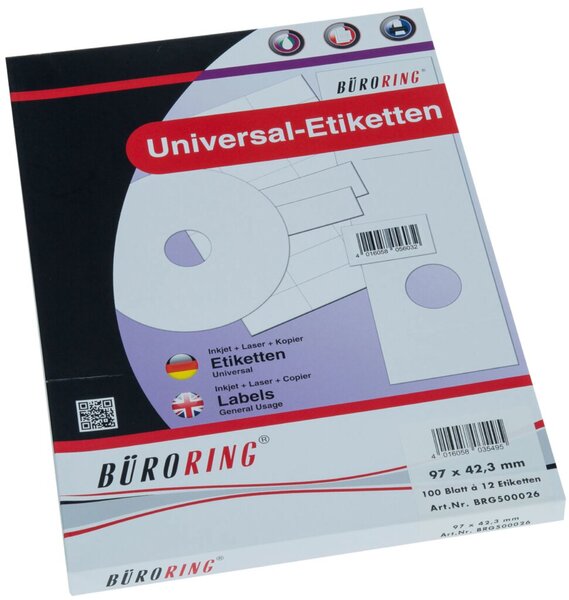 Etiketten, 97 x 42,3 mm, weiß, 1.200 Etiketten, lösungsmittelfrei, Inkjet-, Laserdrucker, Kopierer, 100 Blatt