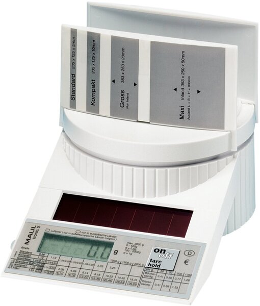 Solarbriefwaage MAULtronic S porto, weiß, Tragkraft 2000g, Teilung 1g, Wiegefläche Ø 12,8 cm, 12 x 13 x 19,6 cm